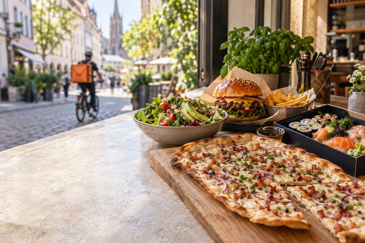 Pizza, salad and burger freshly served at a local restaurant
